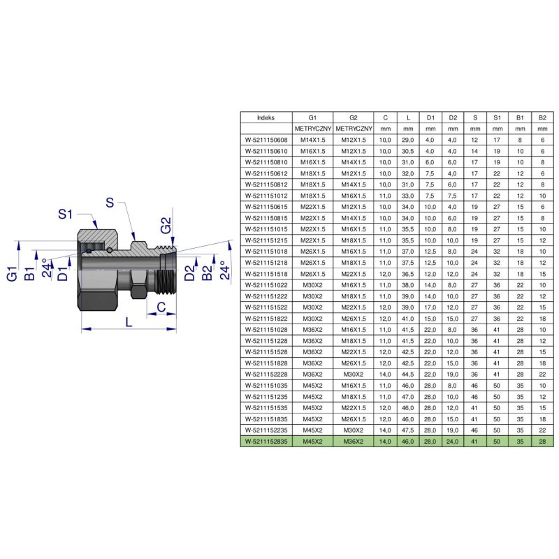 Złączka hydrauliczna metryczna AB (XKOR) A-M45x2 35L / B-M36x2 22L Waryński