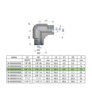 Kolanko hydrauliczne calowe BB 3/8" BSP (XW) Waryński ( sprzedawane po 5 )