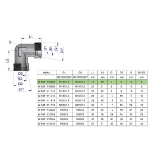 Kolanko hydrauliczne metryczne BB M12x1.5 06L (XW) Waryński ( sprzedawane po 5 )