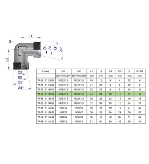 Kolanko hydrauliczne metryczne BB M18x1.5 12L (XW) Waryński ( sprzedawane po 5 )