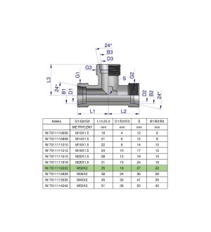 Trójnik hydrauliczny metryczny BBB M30x2 22L (XT) Waryński