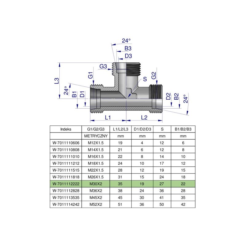 Trójnik hydrauliczny metryczny BBB M30x2 22L (XT) Waryński