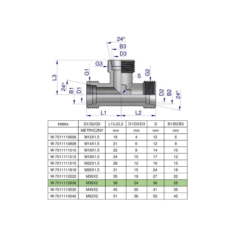 Trójnik hydrauliczny metryczny BBB M36x2 28L (XT) Waryński