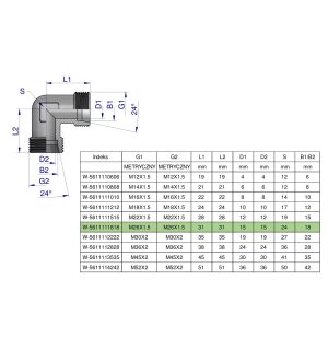 Kolanko hydrauliczne metryczne BB M26x1.5 18L (XW) Waryński