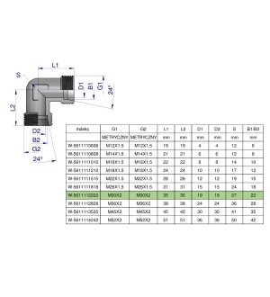 Kolanko hydrauliczne metryczne BB M30x2 22L (XW) Waryński