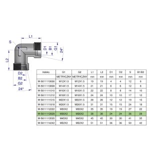 Kolanko hydrauliczne metryczne BB M36x2 28L (XW) Waryński