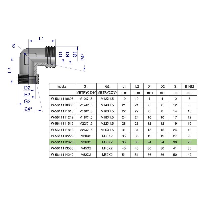Kolanko hydrauliczne metryczne BB M36x2 28L (XW) Waryński