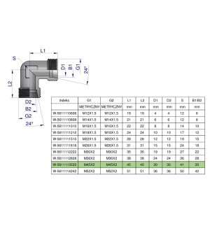 Kolanko hydrauliczne metryczne BB M45x2 35L (XW) Waryński