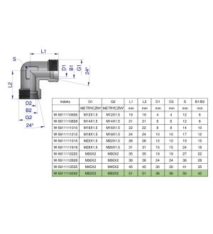Kolanko hydrauliczne metryczne BB M52x2 42L (XW) Waryński