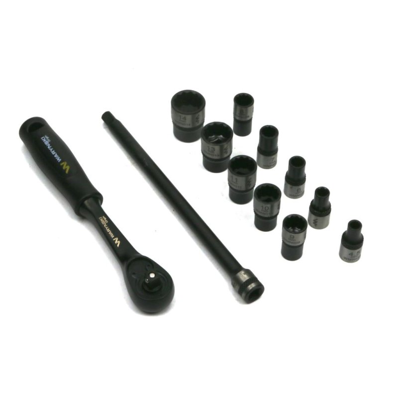 Zestaw 12 el. nasadki 1/4  przedłużka 12 cm grzechotka 4.5 5 6 7 8 9 10 11 13 14 Waryński