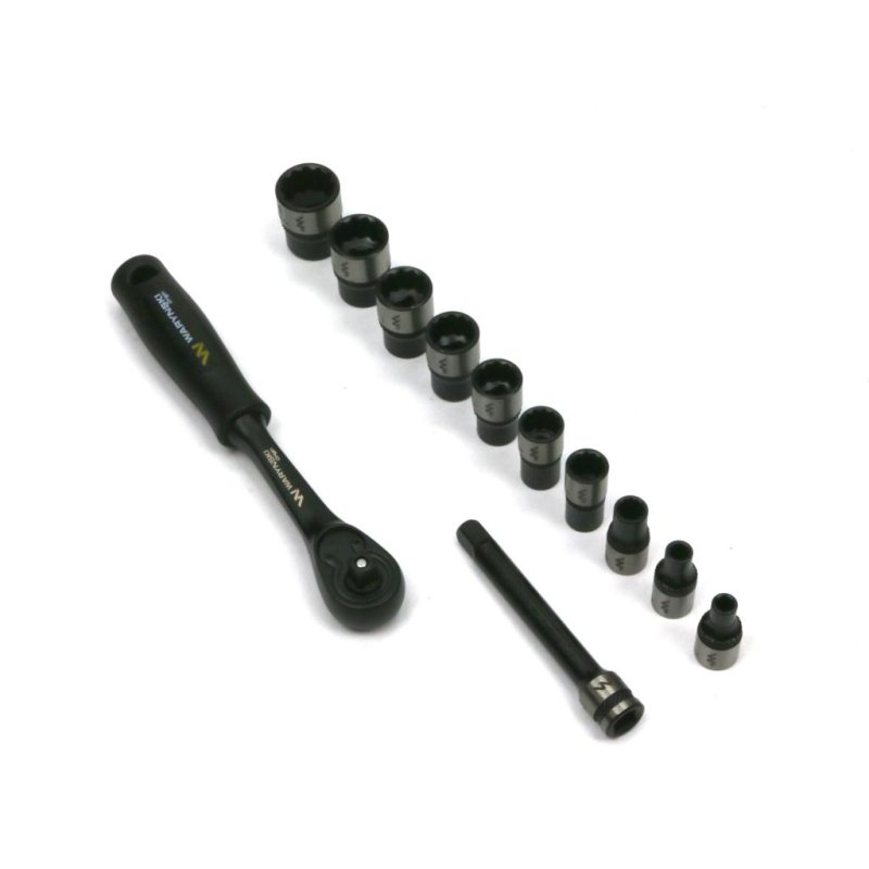 Zestaw 12 el. nasadki przedłużone 1/4  4 4.5  6 8 9 10 11 12 13 14 z przedłużką i grzechotką Waryński