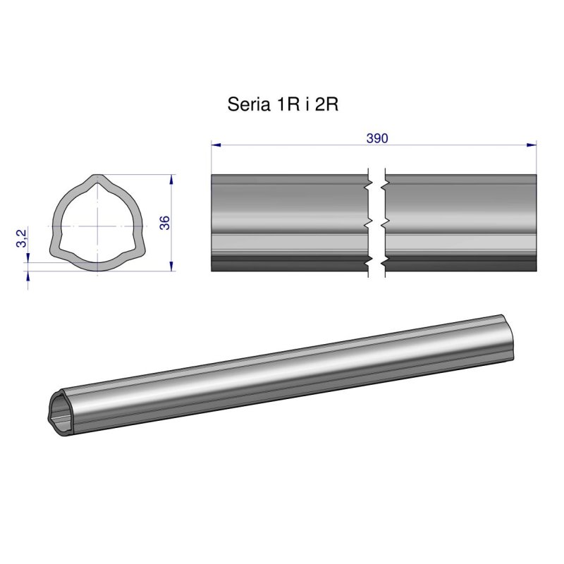 Rura wewnętrzna Seria 2R, rura zewnętrzna Seria 1R do wału 510 przegubowo-teleskopowego 36x3.2 mm 390 mm WARYŃSKI