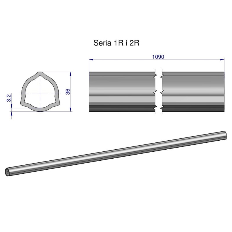 Rura wewnętrzna Seria 2R, rura zewnętrzna Seria 1R do wału 1210 przegubowo-teleskopowego 36x3.2 mm 1090 mm WARYŃSKI