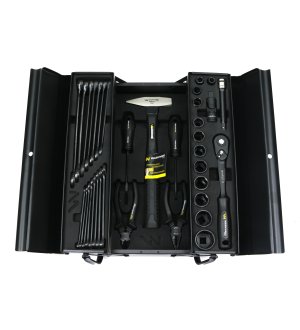 Zestaw narzędzi nasadek i kluczy w metalowej skrzynce Waryński