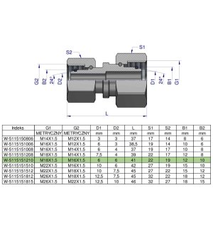 Złączka hydrauliczna metryczna AA M18x1.5 12L x M16x1.5 10L Waryński ( sprzedawane po 5 )