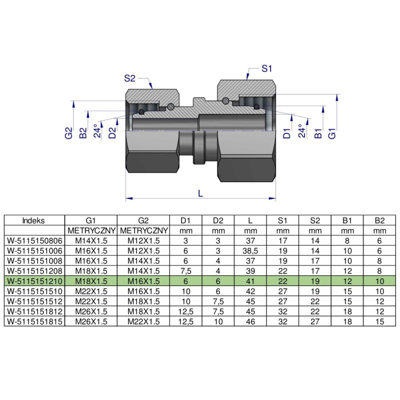 Złączka hydrauliczna metryczna AA M18x1.5 12L x M16x1.5 10L Waryński ( sprzedawane po 5 )