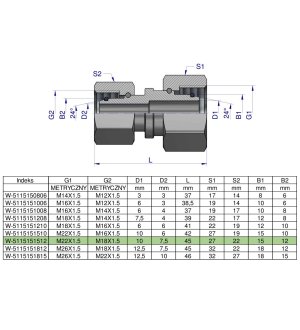 Złączka hydrauliczna metryczna AA M22x1.5 15L x M18x1.5 12L Waryński ( sprzedawane po 5 )