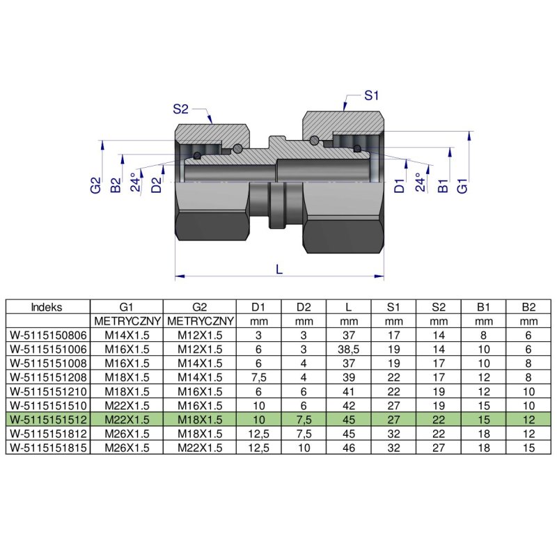 Złączka hydrauliczna metryczna AA M22x1.5 15L x M18x1.5 12L Waryński ( sprzedawane po 5 )