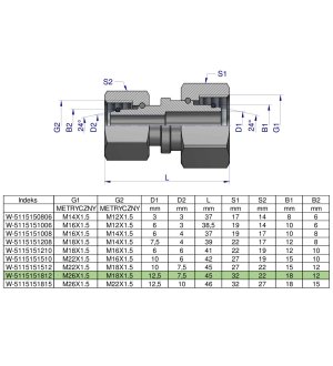 Złączka hydrauliczna metryczna AA M26x1.5 18L x M18x1.5 12L Waryński