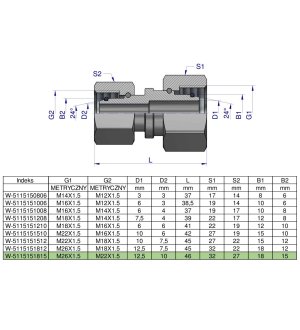 Złączka hydrauliczna metryczna AA M26x1.5 18L x M22x1.5 15L Waryński