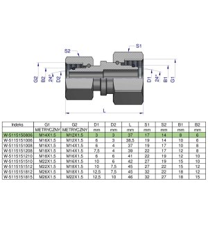 Złączka hydrauliczna metryczna AA M14x1.5 08L x M12x1.5 06L Waryński ( sprzedawane po 2 )