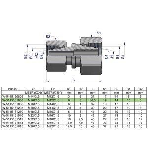Złączka hydrauliczna metryczna AA M16x1.5 10L x M12x1.5 06L Waryński ( sprzedawane po 2 )