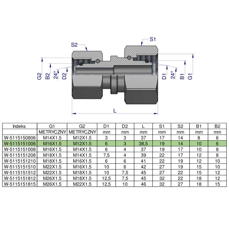 Złączka hydrauliczna metryczna AA M16x1.5 10L x M12x1.5 06L Waryński ( sprzedawane po 2 )