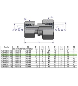 Złączka hydrauliczna metryczna AA M16x1.5 10L x M14x1.5 08L Waryński ( sprzedawane po 2 )