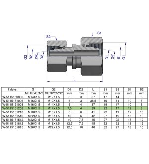 Złączka hydrauliczna metryczna AA M18x1.5 12L x M14x1.5 08L Waryński ( sprzedawane po 2 )