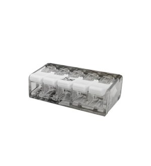 Szybkozłączka elektryczna 5 otworowa z zapadką. przewód- linka. drut  0.5-4 mm2 ( opakowanie zawiera 10 szt. )