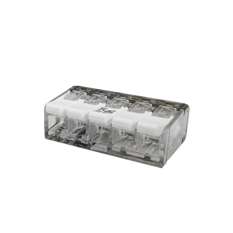 Szybkozłączka elektryczna 5 otworowa z zapadką. przewód- linka. drut  0.5-4 mm2 ( opakowanie zawiera 10 szt. )