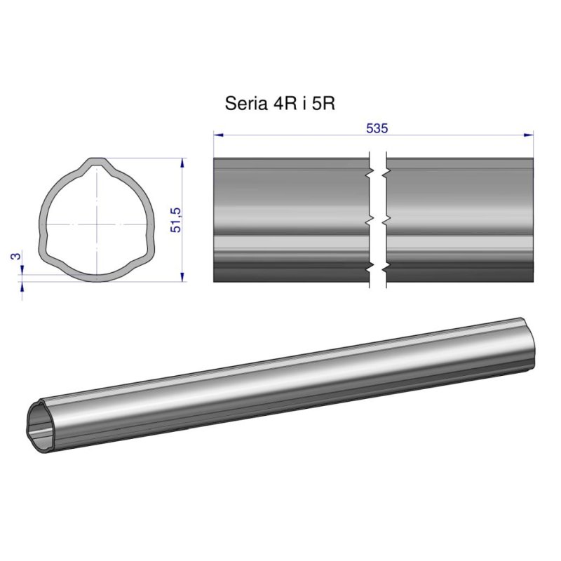Rura zewnętrzna Seria 4R i 5R do wału 660 przegubowo-teleskopowego 51.5x3 mm 535 mm WARYŃSKI