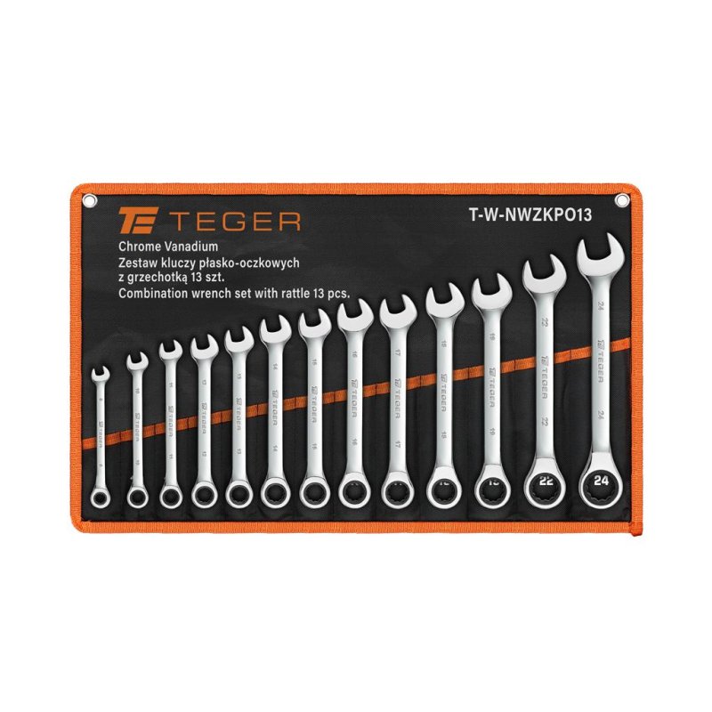 Zestaw kluczy płasko-oczkowych z grzechotką, 8-24 mm, 13 szt, Teger
