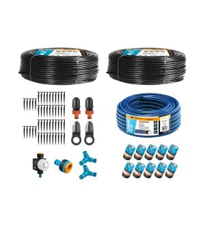 Zestaw nawadniania kropelkowego PROFESSIONAL 100 m z kompensacją (2 linie kroplujące. wąż 20m. szybkozłączki. zegar) / TEGER