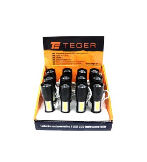 Latarka uniwersalna LED COB 200 lm ładowana USB sprzedawana po 12 szt w kartoniku ekspozycyjnym Teger