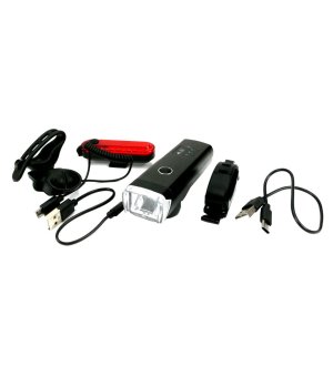 Zestaw lamp rowerowych, latarka LED przednia 2000 mAh i latarka LED tylna 150mAh ładowane USB z klaksonem Teger