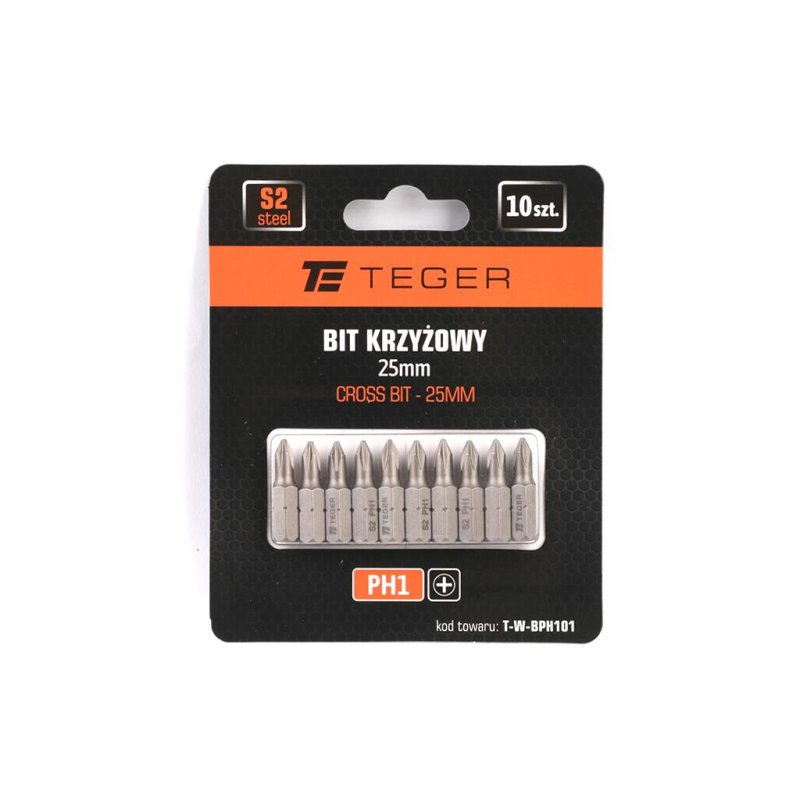 Bit krzyżowy PH 1x25 mm, (10 szt), S2, Teger