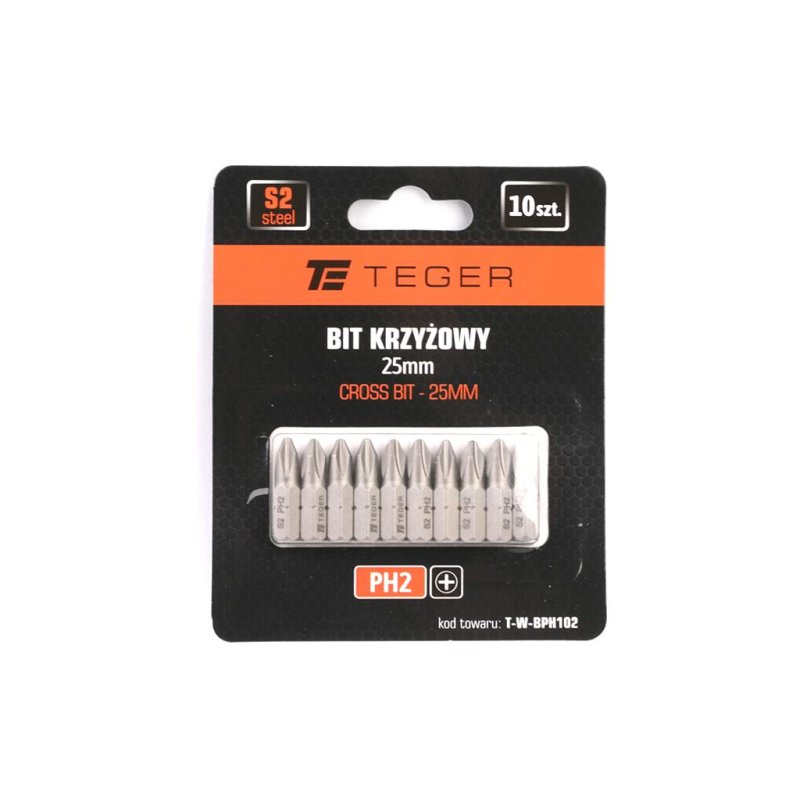 Bit krzyżowy PH 2x25 mm, (10 szt), S2, Teger