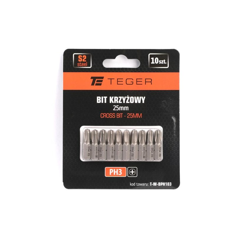 Bit krzyżowy PH 3x25 mm, (10 szt), S2, Teger