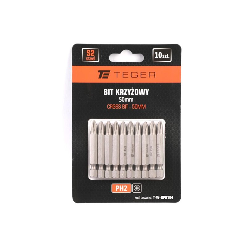 Bit krzyżowy PH 2x50 mm, (10 szt), S2, Teger