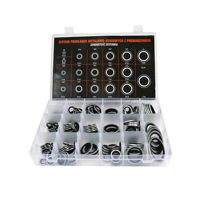 Zestaw podkładek metalowo-gumowych z prowadzeniem 205szt  TEGER