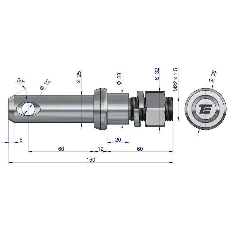 Sworzeń z gwintem T-SG25602240150 fi 25/60 mm M22x1.5/40 mm  150 mm TEGER