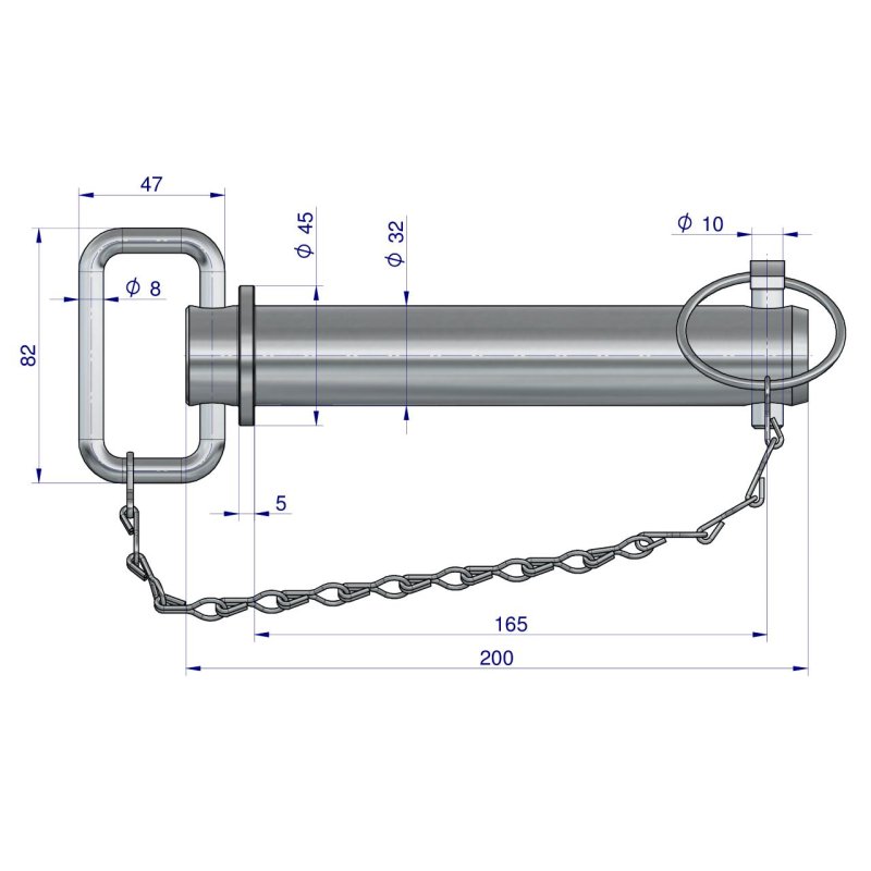 Sworzeń zaczepu z zawleczką i łańcuchem 32x165x200 TEGER