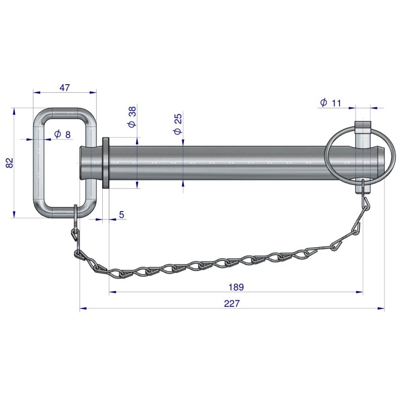 Sworzeń zaczepu z zawleczką i łańcuchem 25x189x227 TEGER