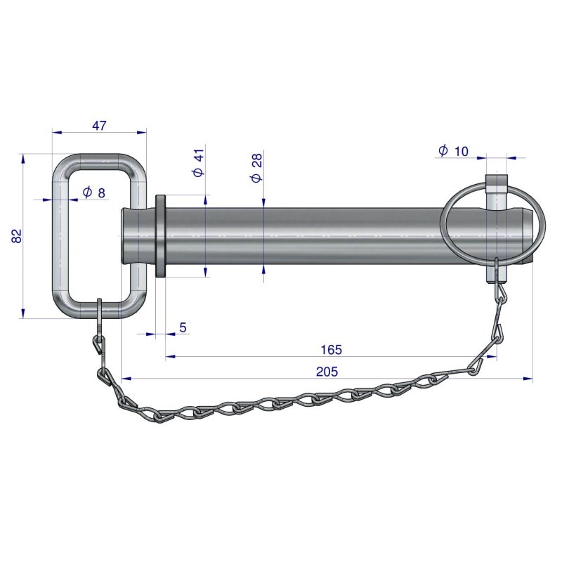 Sworzeń zaczepu z zawleczką i łańcuchem 28x165x205 TEGER