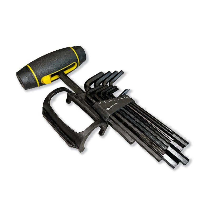 Klucze imbusowe hex wydłużone 13 szt ze stali CrV rozmiary od 1.5 do 10mm w zestawie z uchwytem pokrętłem Waryński