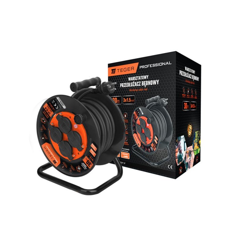 Przedłużacz bębnowy, warsztatowy PROFESSIONAL, 3X1,5mm, IP44, H05RR-F, cert. CE / 30M, Teger