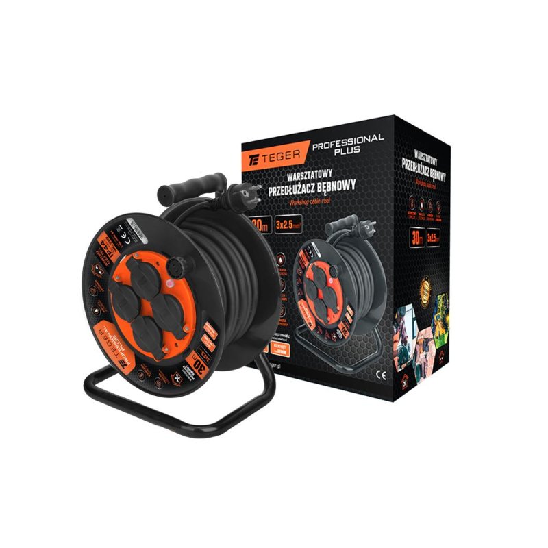 Przedłużacz bębnowy, warsztatowy PROFESSIONAL, 3X2,5mm, IP44, H05RR-F, cert. CE / 30M, Teger
