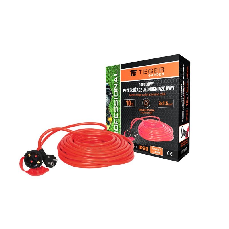 Przedłużacz jednogniazdowy, ogrodowy PROFESSIONAL, 3X1,5mm, IP20, H05VV-F, z uziemieniem, cert. CE / 10M, Teger