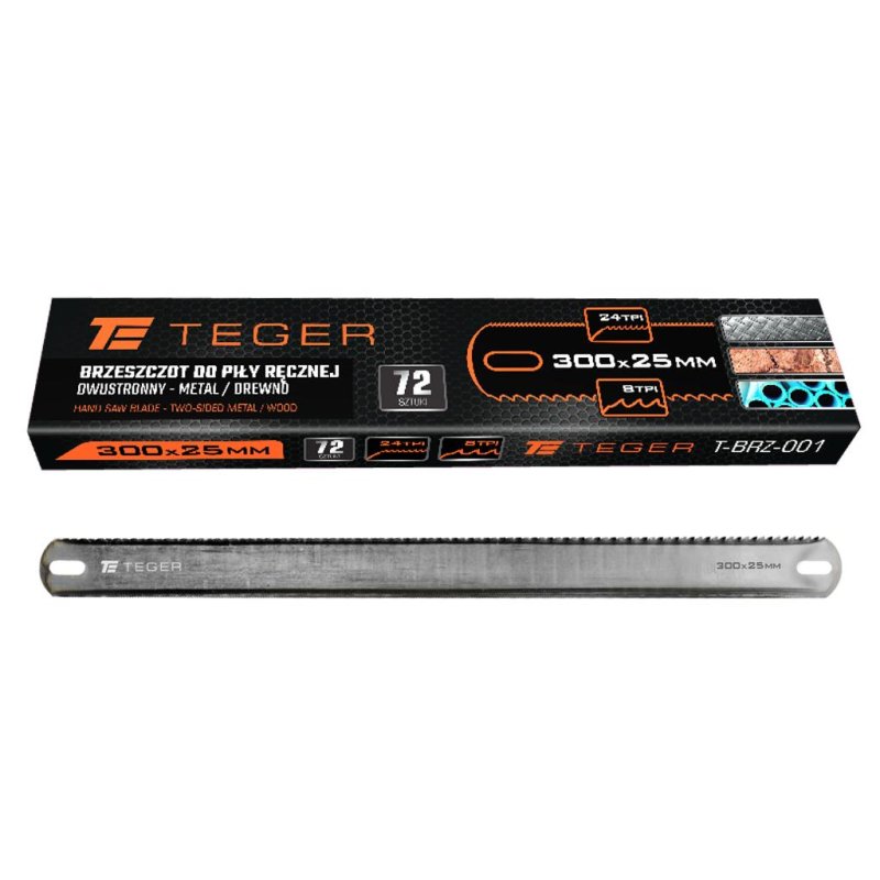 Brzeszczot do piły ręcznej, dwustronny  METAL/DREWNO 300x25mm, (sprzedawane po 72), Teger
